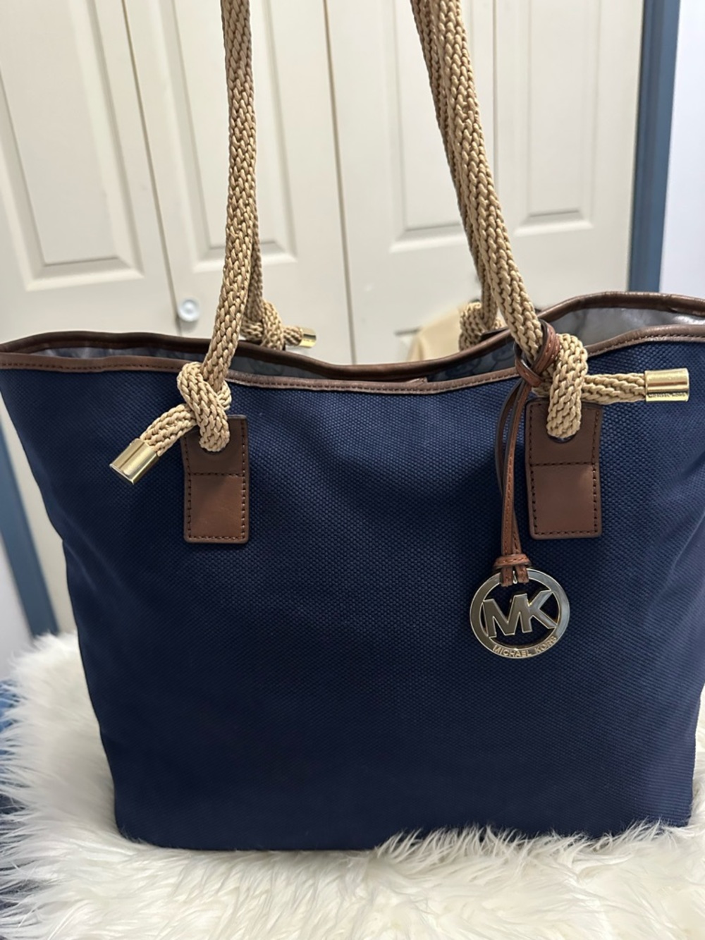 Michael Kors Navy and Tan Tote with Rope Handles Large size